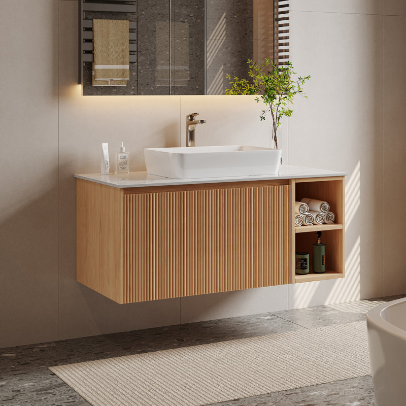 Meuble-lavabo simple avec comptoir en pierre frittée Dexheart, Bois clair, 36"