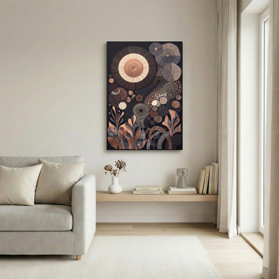 Copper and Black Abstract Sunburst and Leaf Pattern Canvas Wall Art