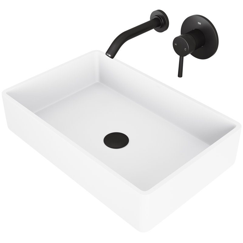 Lavabo de salle de bain vasque rectangulaire fait main en pierre blanche avec robinet Matte Stone ™