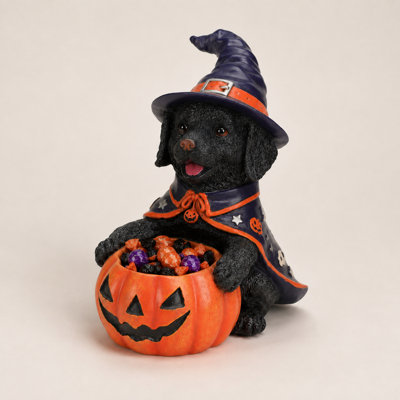 Lighted Black Dog Witch Candy Bowl