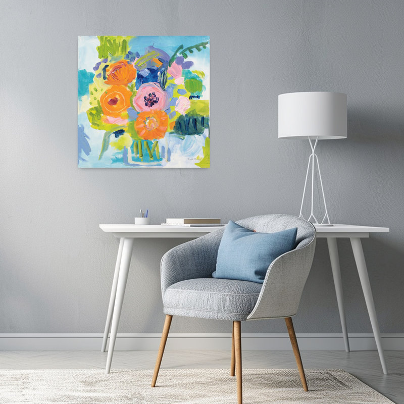 Bouquet d'été contemporain avec art abstrait bleu, H 24 po x l 24 po