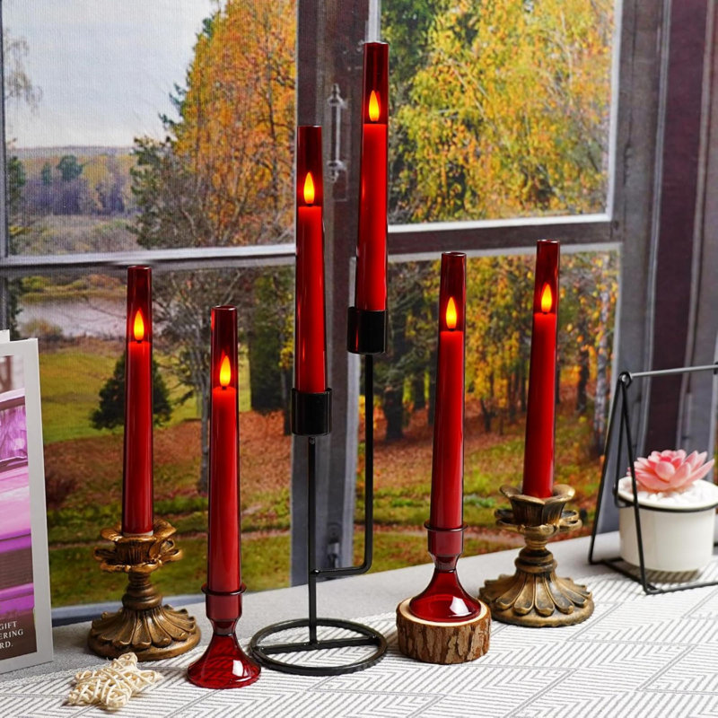 Flameless Taper Candles With Remote,6 PC Acrylic Battery Operated Candles With Candlesticks,Flickering Led Window Candles For Home Table And Wedding Decor(Red)