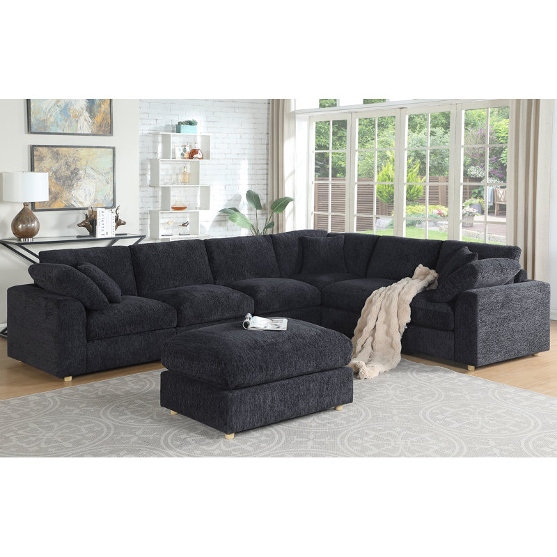 129.7" U Shape Sectional Sofa Cloud Couch With Removable Ottomans, Gray Chenille