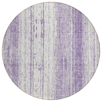 8' Purple And Ivory Round Striped Washable Indoor Outdoor Area Rug