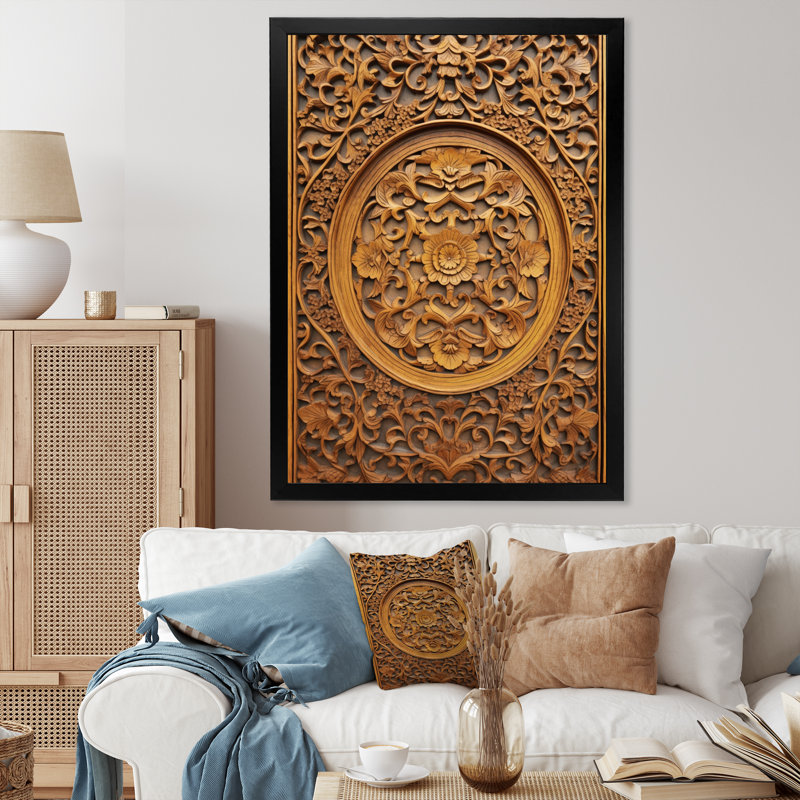 Vieille porte en bois sculpté VII, H 20 po x l 12 po x P 1 po, Cadre simple noir