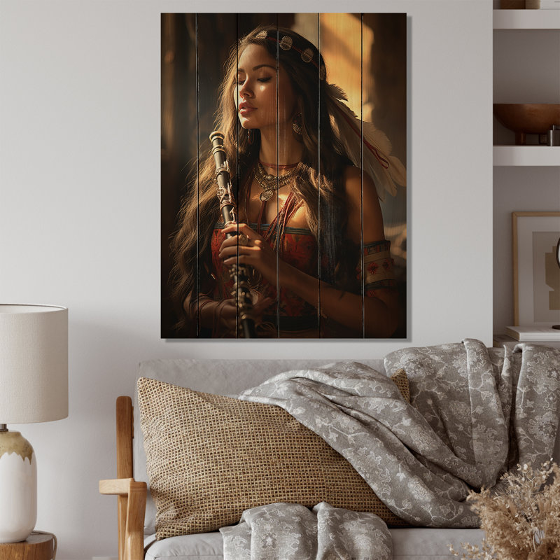 Native Art Soulful Flute - reproduction de portrait sur bois de pin naturel, H 40 po x l 30 po x P 0,78 po