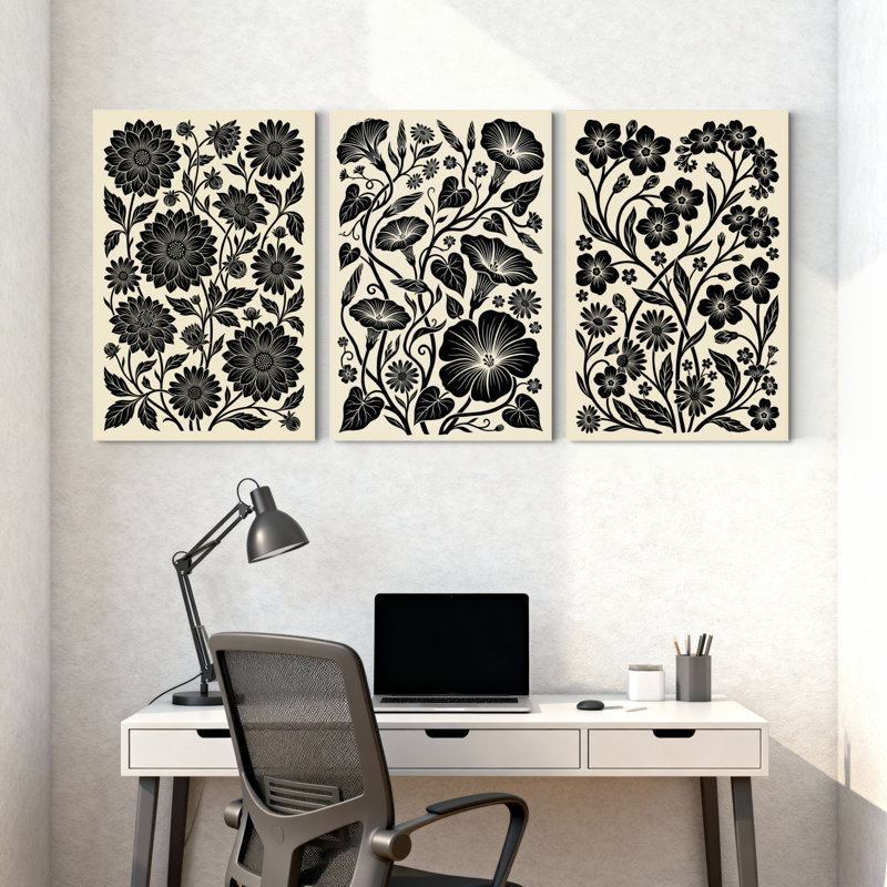 Plantes et fleurs, ensemble de 3 impressions sur toile à motif floral noir et blanc, H 30 po x l 60 po