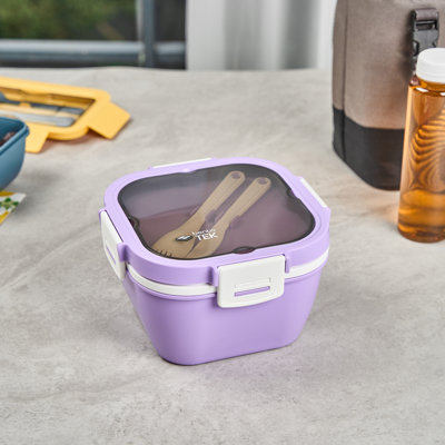 Restaurantware-Bento Tek 57.5 Ounce Bento Box, 1 Reusable Lunch Container - With Fork And Knife, Does Not Contain BPA, Purple And White Plastic Reusable Lunch Box, Microwavable, Dishwashable