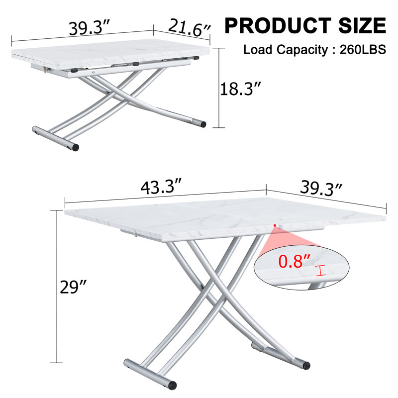 Vesta Multi-functional Faux Marble Lift Top Coffee Table, Height Adjustable Dining Table with Hidden Wheels and Foldable Top