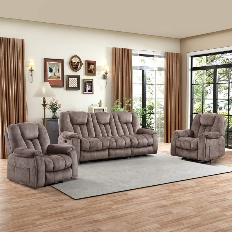 Ensemble de salon inclinable en microsuède 3 pièces avec porte-gobelets, Brun
