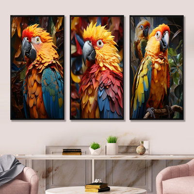 Yellow Parrots Golden Conversations - Parrot Canvas Art Print Set Of 3