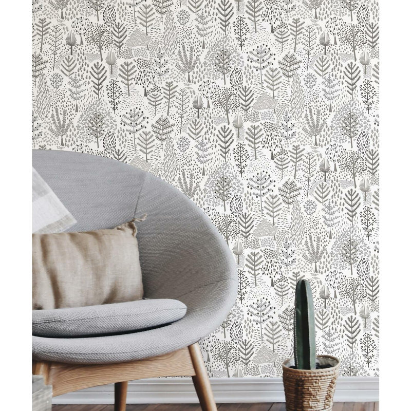 Papier peint adhésif FOLKLORE TREES, Blanc / gris