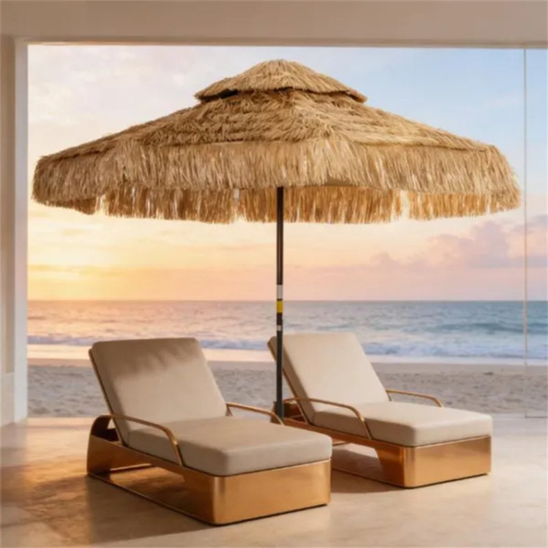 Parasol d'extérieur kaki de 8,5 pi avec pampille en paille, auvent ventilé à double plateau, tissu en polyester UPF 30+, système de poulie à corde, structure en métal, base non incluse