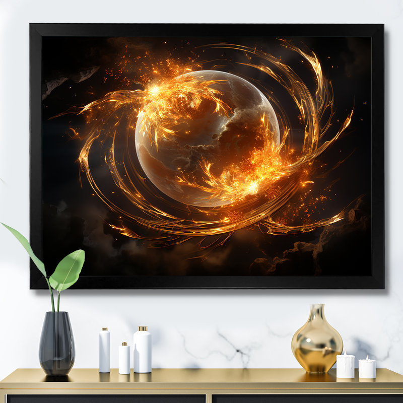 Verre de feu saturn planète I - art mural espace planète, Cadre d'angle fermé noir, H 12 po x l 20 po x P 1 po
