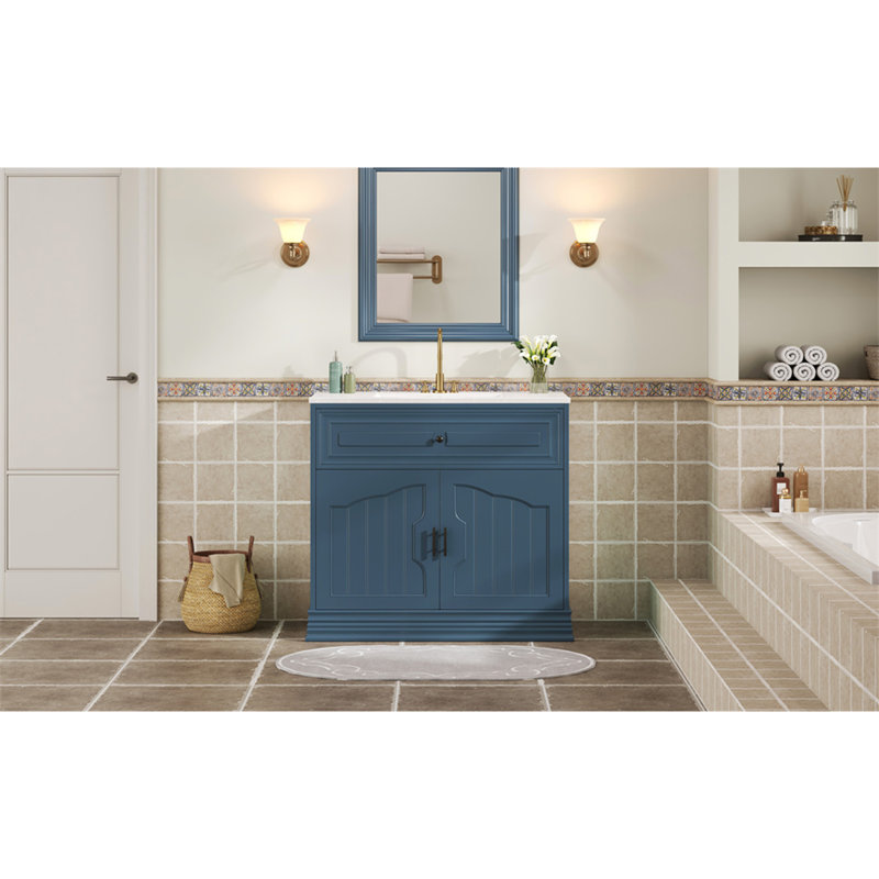 Meuble-lavabo de luxe 36 po avec lavabo en céramique, meuble-lavabo avec 2 grandes portes à fermeture douce et meuble de rangement en bois massif