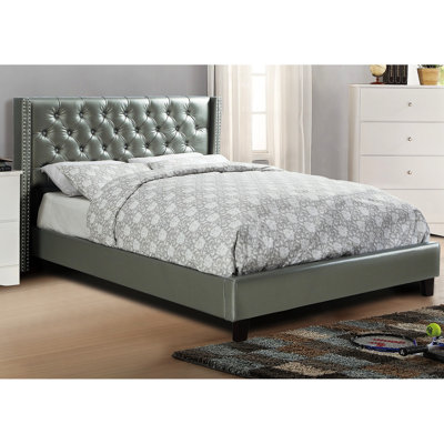 Full Size Bed With Modern Silver Faux Leather Upholstery And Classic Headboard Bedroom Furniture Upholstered