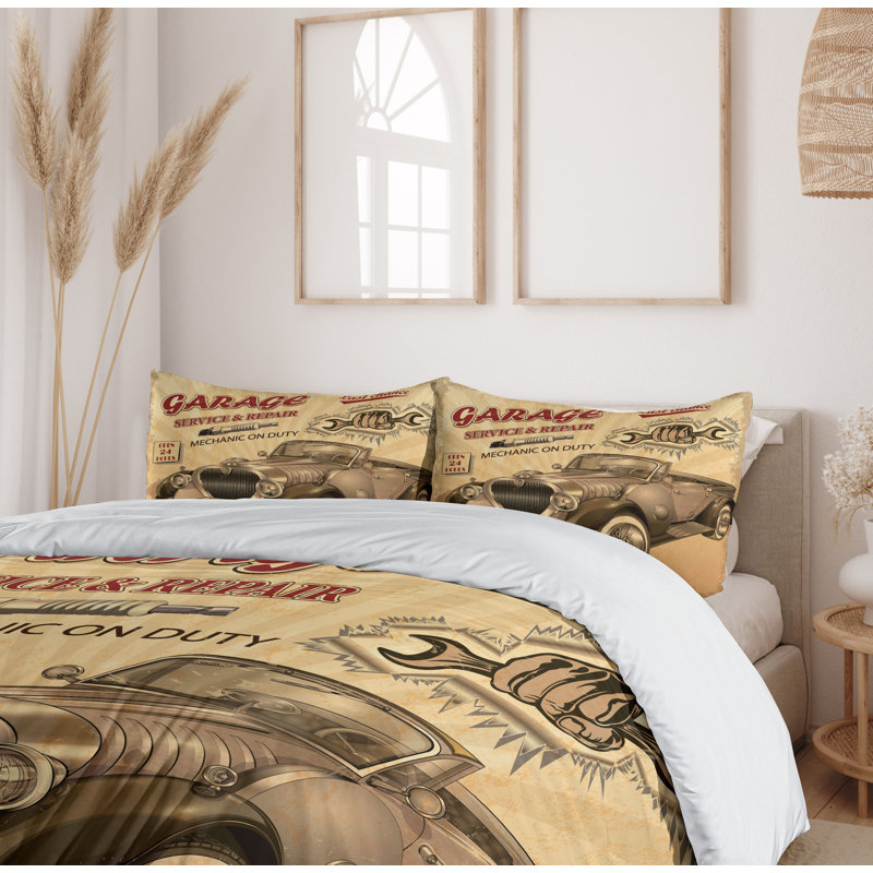 Twin Vintage Car Print Polyester Duvet Cover Set