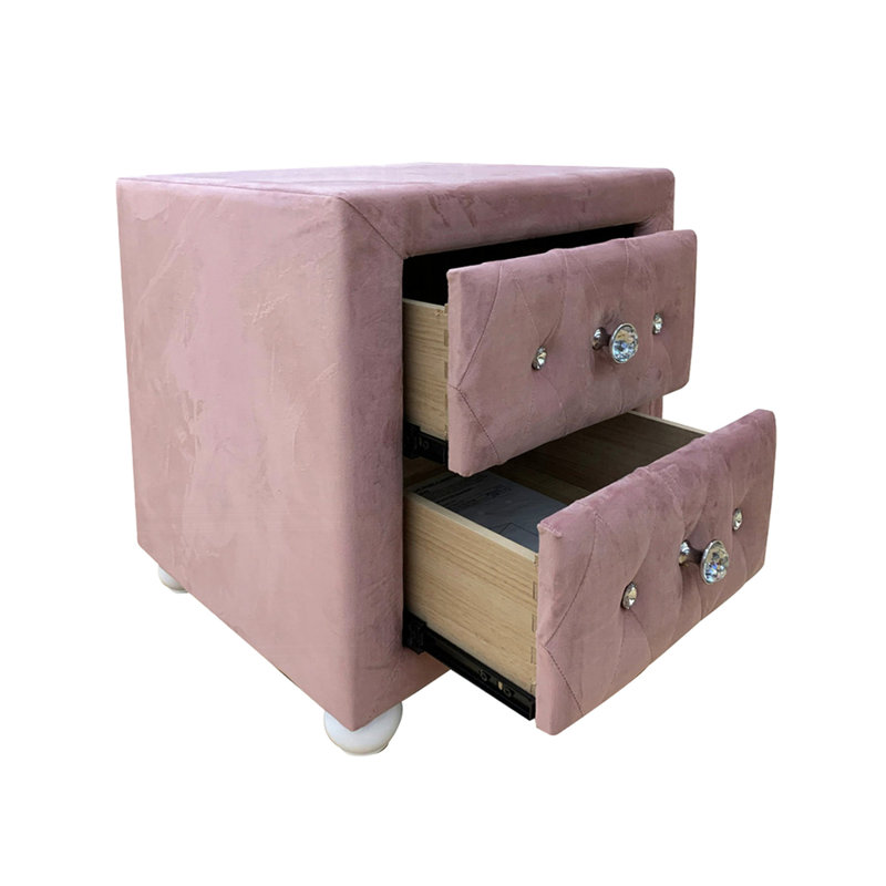 Table de chevet en tissu rose avec 2 tiroirs, pieds en bois blancs, fabrication en mousse et en panneaux de particules avec tiroirs à l'intérieur en bois tropical, poignées, pieds arrondis