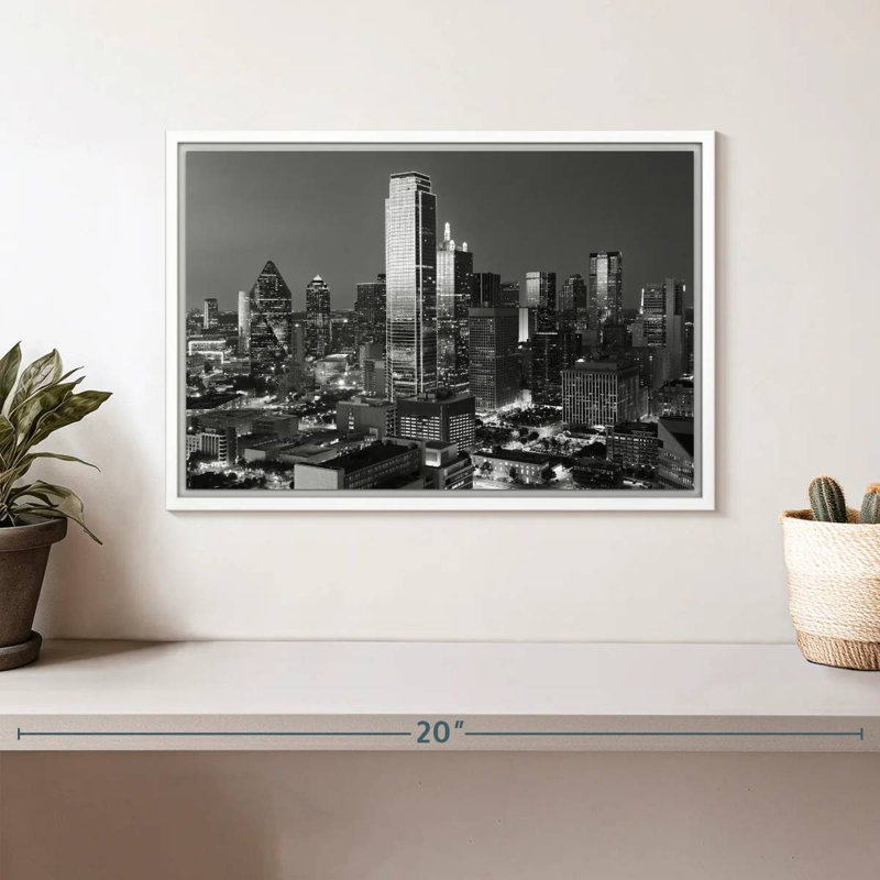 Monochrome Dallas, Texas, 13 po x 9 po, Cadre flottant blanc