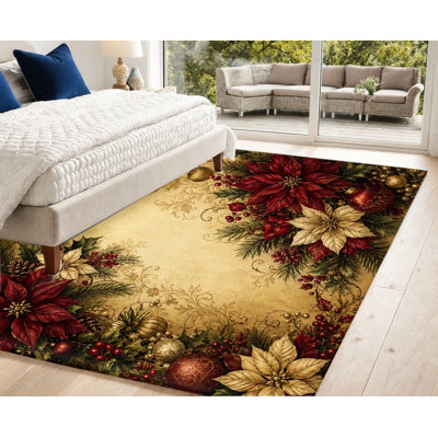 Tapis de Noël vintage à motif poinsettia, lavable à la machine, avec envers antidérapant, motif floral festif, décoration intérieure chaleureuse pour salon, chambre, couloir, cuisine, balcon, appartement