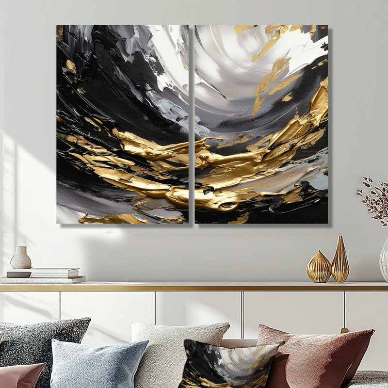 Vague dorée reflets - art mural noir, H 36 po x l 48 po, Toile tendue, Ne s’applique pas