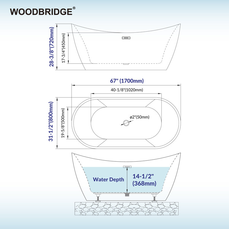 67'' x 32'' Freestanding Soaking Acrylic Bathtub, Brushed Nickel, White