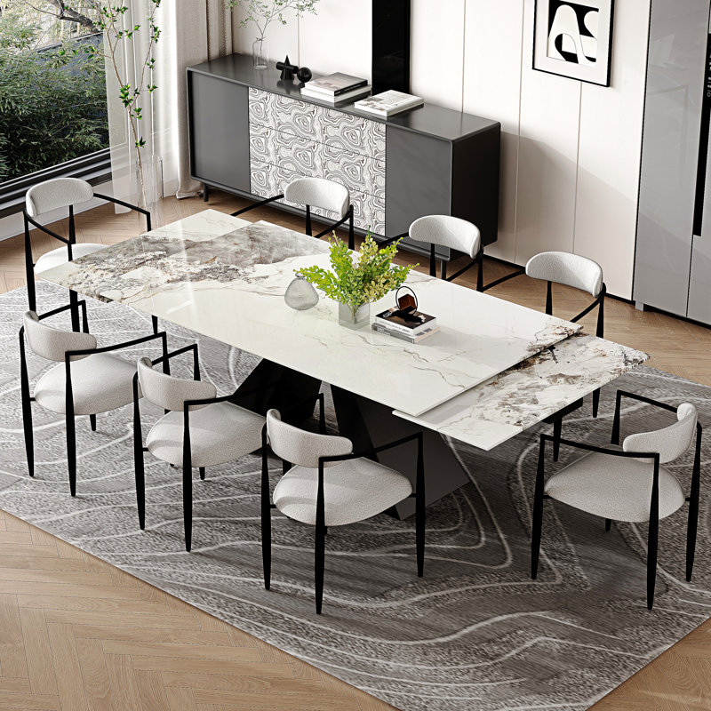 9 - Piece Dining Table Set With 94.5'' Extendable Sintered Stone Dining Table And 8 Fabric Chairs, White/Black