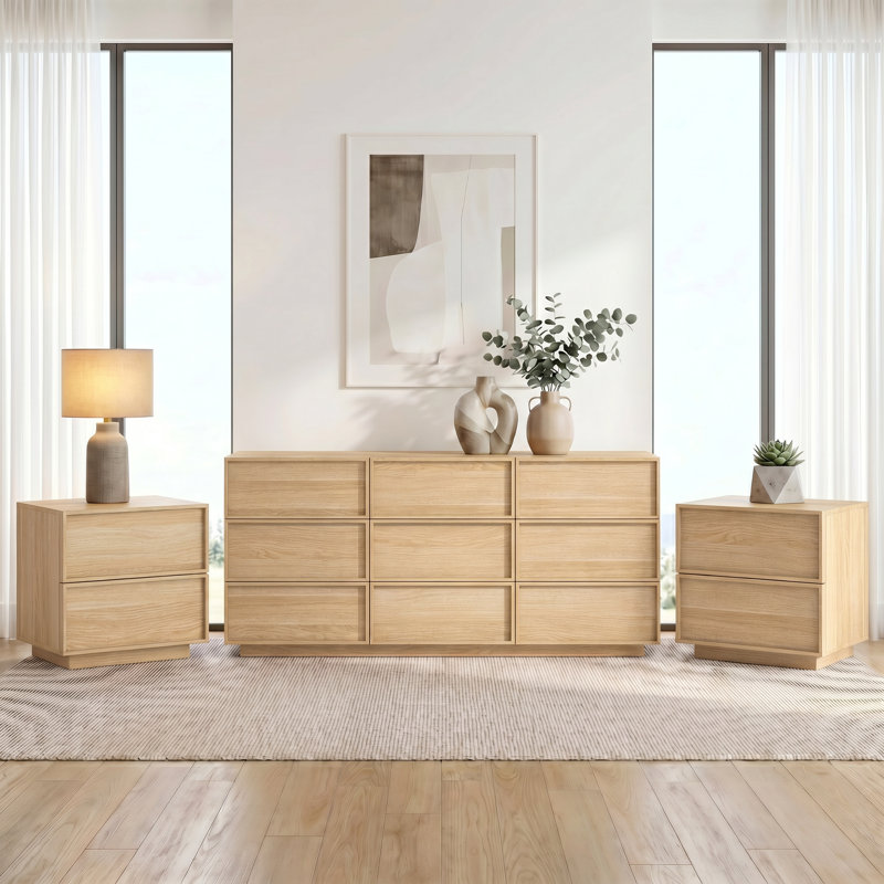 Ensemble de chambre à coucher 3 pièces (ensemble de commode à 9 tiroirs et table de chevet à 2 tiroirs), Natural Oak