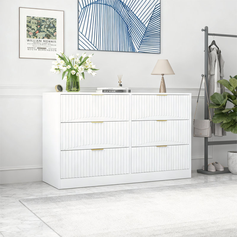 Commode moderne à 6 tiroirs avec motif ondulé avec un style minimaliste et une fabrication durable, Blanc