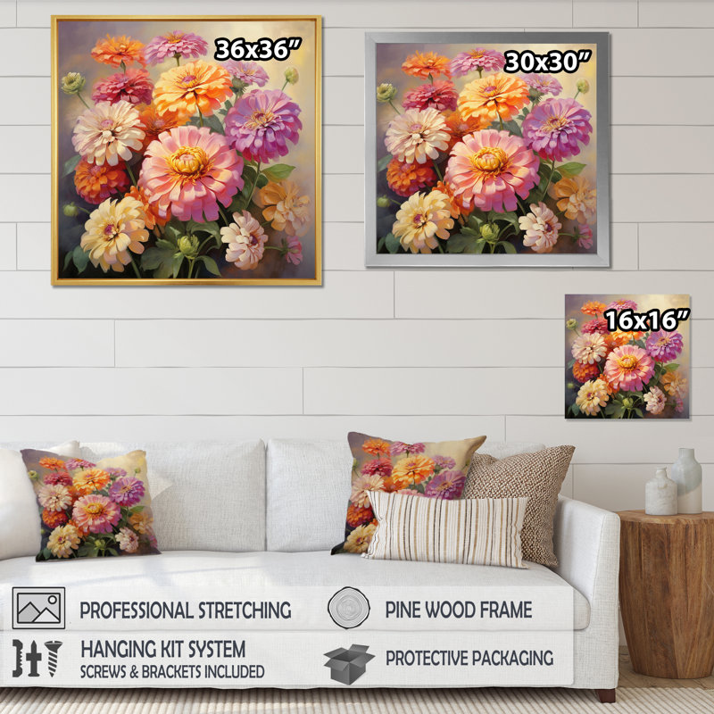 "Colorful Zinnias", impression romantique sur toile encadrée, H 24 po x l 24 po x P 1 po, Cadre flottant noir