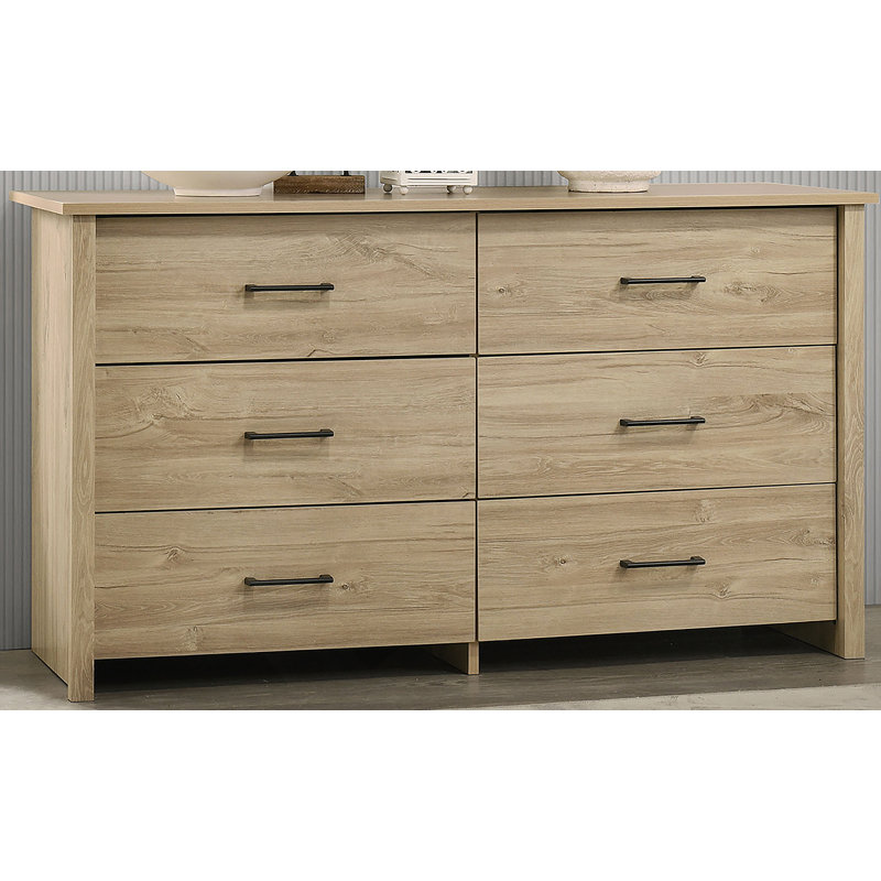 Commode 6 tiroirs avec poignées en métal, Chêne clair