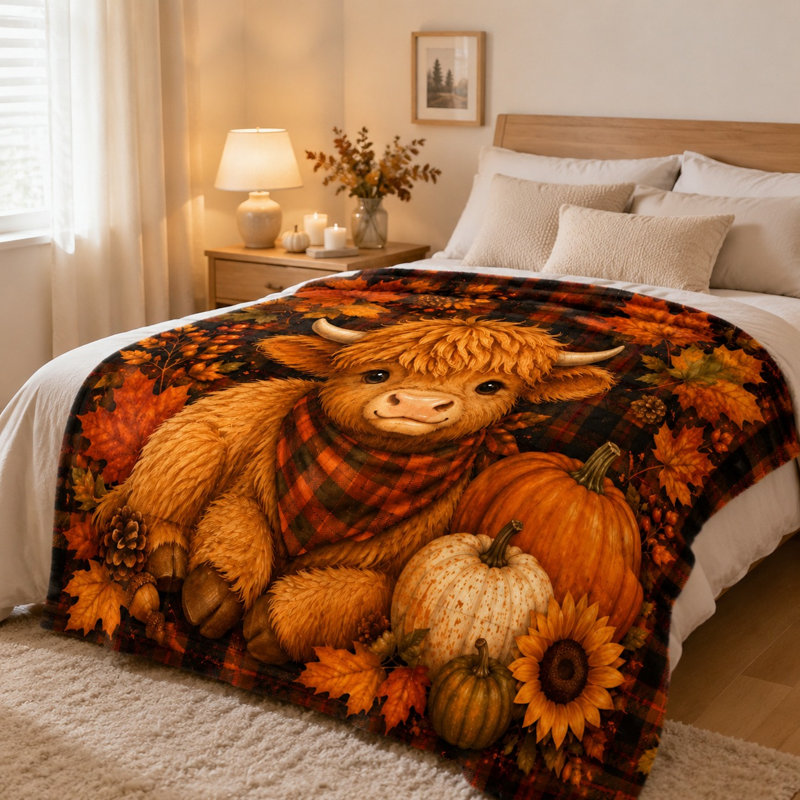 Couverture jetée en flanelle douce à motif vache des Highlands, citrouille et tournesol, idéale pour canapé, chambre ou salon.