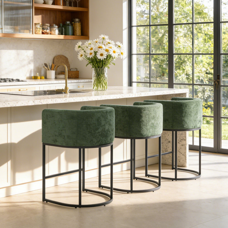 26" Upholstered Metal Barrel Counter Bar Stool, Green Seat/Black Frame, 3