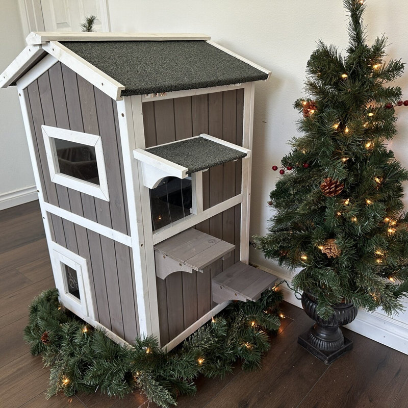 Maison pour chat extérieure en bois à 2 étages résistante aux intempéries avec plateformes de saut, plancher surélevé et toit en asphalte, gris