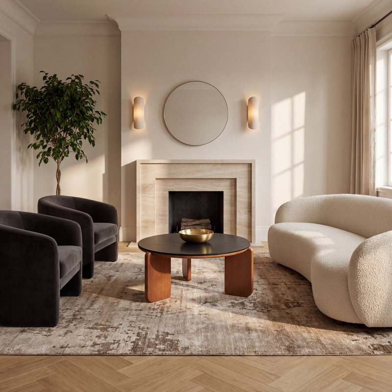 31.5"W Modern Coffee Table with Sintered Stone Round Tabletop and Solid Poplar Legs, Black Sintered Stone, Brown Poplar