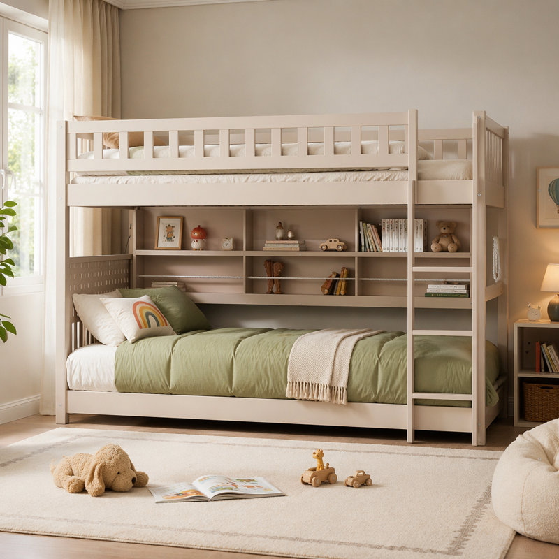 Lit superposé double au-dessus de double avec tablettes intégrées, lumières à changement de couleur et panneau perforé, Beige