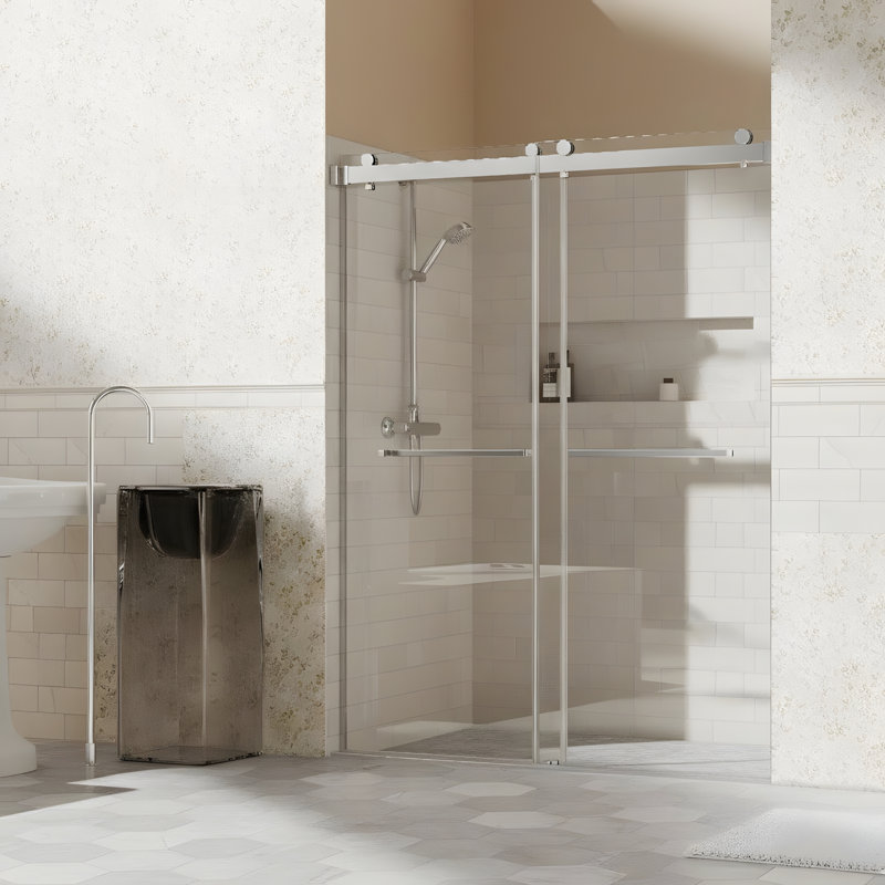 Convient aux portes de douche à double coulissement sans cadre de 56 à 60 po x 76 po, à finition chromée, aux panneaux de porte en verre trempé de 3/8 po (10 mm) d'épaisseur, permet une installation à gauche ou à droite, sans fonction de fermeture en douceur.