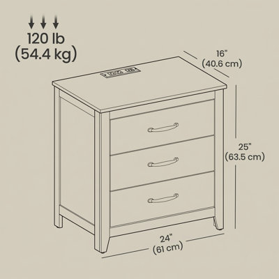 Allenside 24'' W 3-Drawer Nightstand with Charging Ports