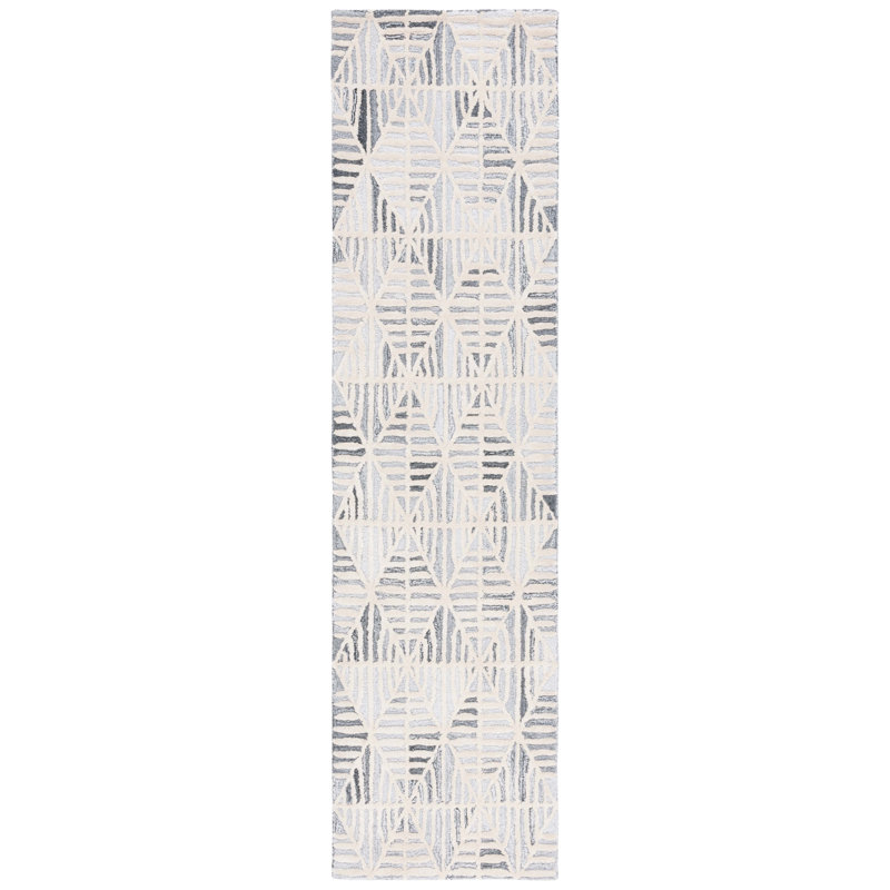 Ebony Hand Tufted Wool Viscose Cotton with Latex Geometric Rug in Ivory/Gray, Runner 2'3" x 9'