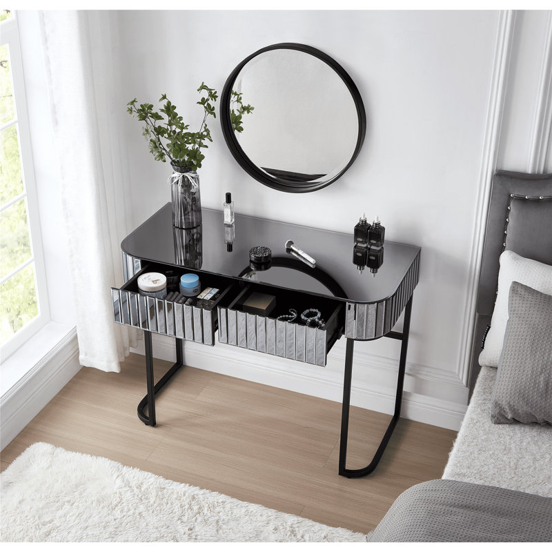 Mirrored Makeup Vanity Table with Stainless Steel Base and Two Drawers, A Versatile and Stylish Desk for Bedroom and Office Use