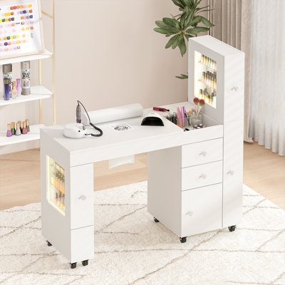 Professional Manicure Table Nail Desk with Dual Display Shelves, Locking Wheels, Wrist Cushion, and Built-in Dust Collector
