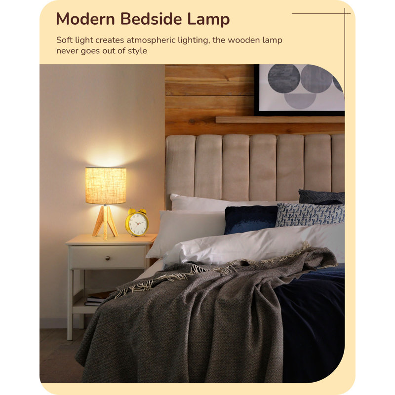 36Cm Wood Tripod Table Lamp With Linen Shade (Bulb Included), Beige