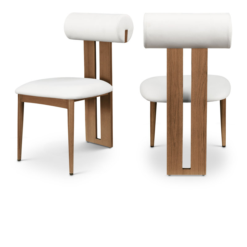 Chaise de salle à manger rembourrée Dario, Cuir crème végétalien, Noyer