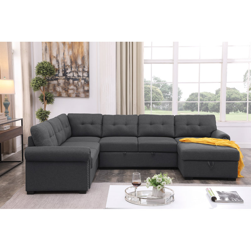 U Shaped Oversized Sleeper Sectional Sofa Pull Out Bed With Storage Chaise, Dark Gray Polyester Blend