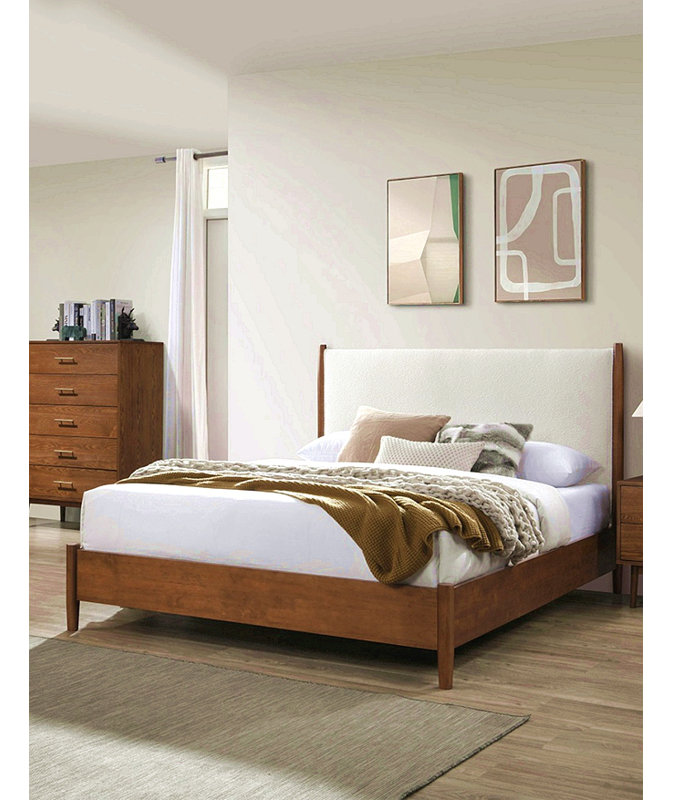 Tête de lit à panneau de couleur noyer beige rembourré 1 pièce lit double en bois massif prêt pour le matelas style Mid-Century moderne