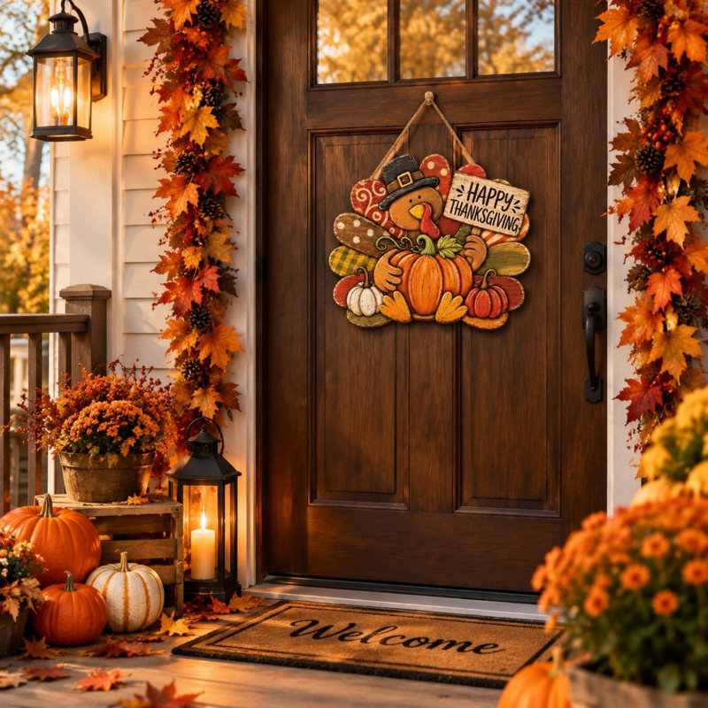 Panneau de porte «Happy Thanksgiving», décoration d'automne rustique citrouille en bois