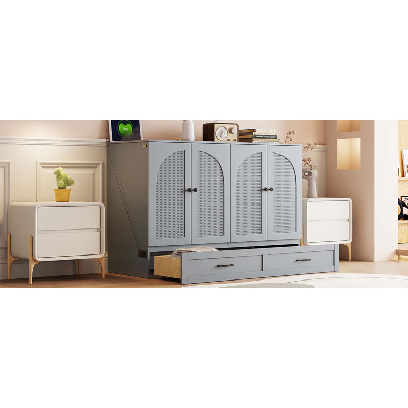 Lit escamotable moderne avec grands tiroirs, Gris, Double