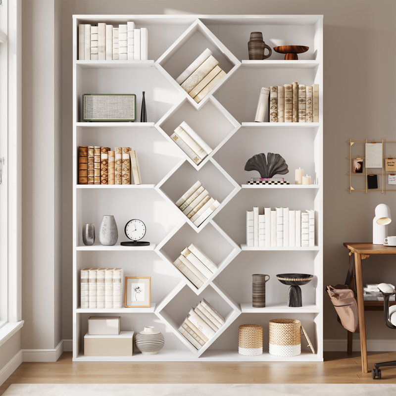 6-Tier Open Bookshelf, Bookcase With Diamond Accent Compartments, 46.7 X 9.4 X 70.9 Inches, White