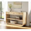 Console moderne courbée avec 3 tiroirs à fermeture en douceur et 2 tablettes ouvertes, base en bois massif, table de vestibule pour vestibule de salon, naturel