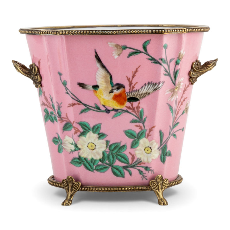 Pink Garden Oval Porcelain Planter with Bronze Ormolu